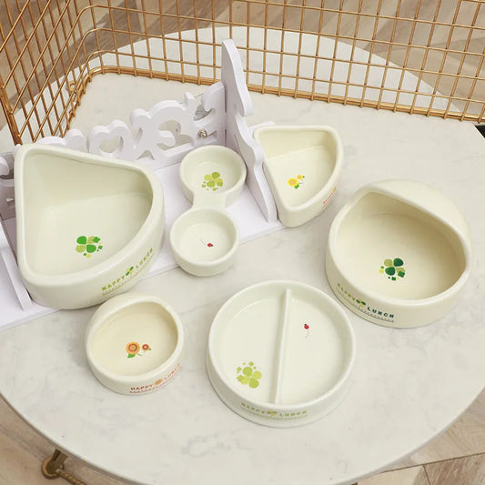 Ceramic Anti-Flipping Double Feeding Bowl for Small Pets ##